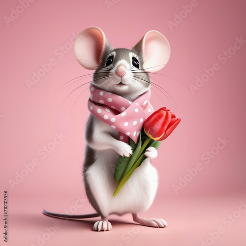 Cute mouse with pink tulip on light pink background. Mother's day, Valentine's day, Women's day concept.