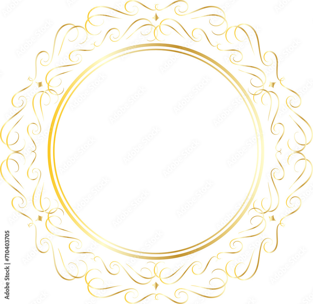 Golden decorative round frames vintage style illustration on transparent background.
