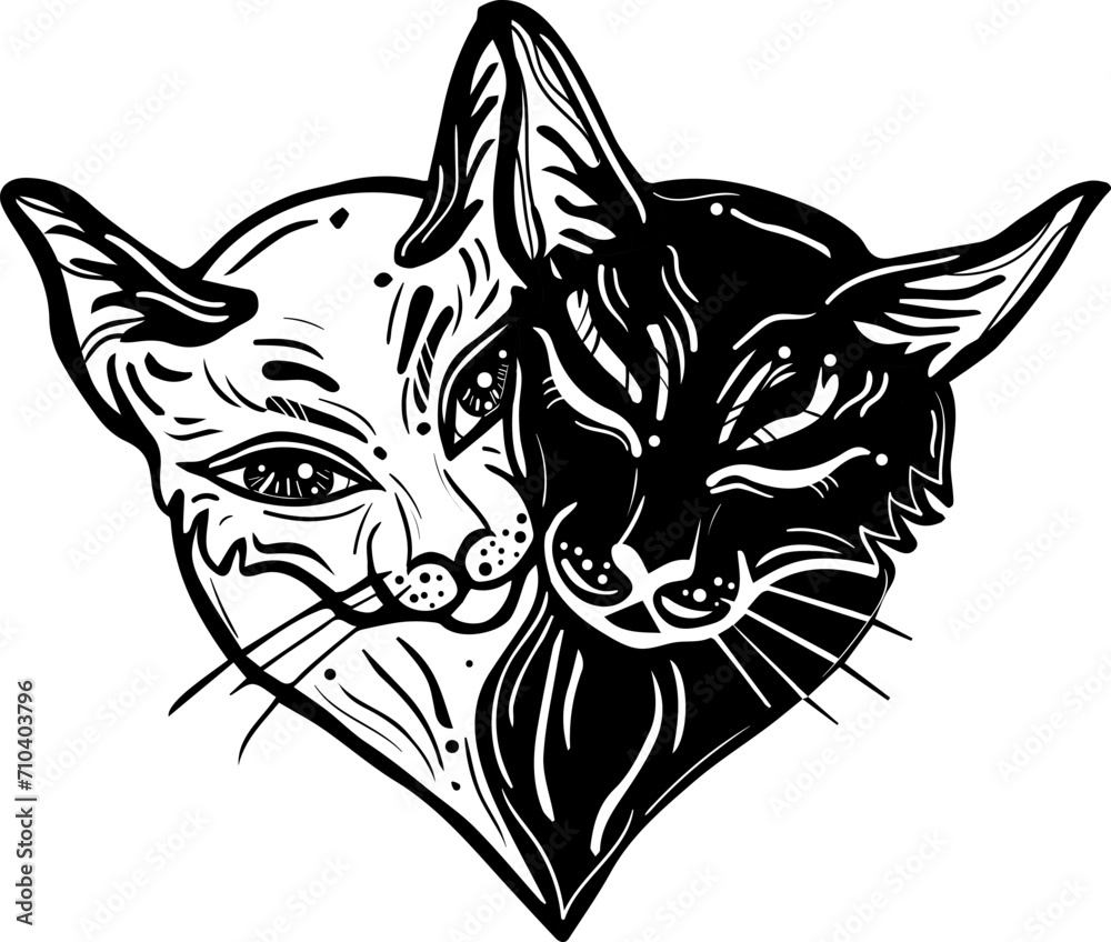 Tattoo art style illustration. Couple of cats in love sitting together shaped like a heart Tattoo art style illustration. Couple of cats in love sitting together shaped like a heart