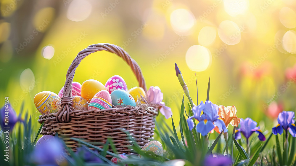 Colorful Easter eggs in a pastel basket on a bokeh background of blooming irises under the sunlight Colorful Easter eggs in a pastel basket on a bokeh background of blooming irises under the sunlight