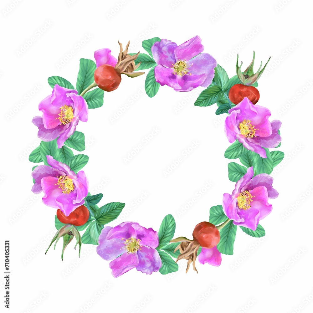 Rosehip, flowers, leaves, berries, wreath. Graphic illustration isolated on white background. Cards, invitations, flyers, banners, labels, packaging.