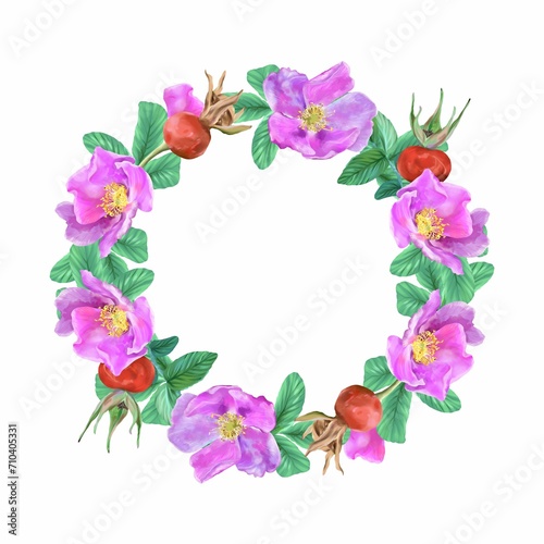 Rosehip  flowers  leaves  berries  wreath. Graphic illustration isolated on white background. Cards  invitations  flyers  banners  labels  packaging.