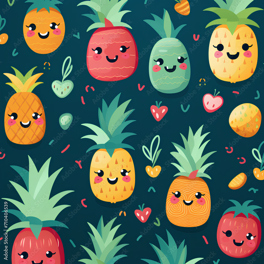 Create a pattern featuring adorable, stylized fruits like pineapples and in playful poses, PNG, 300 DPI