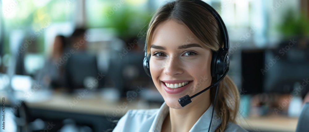 A portrait of a young woman working as a call center operator and managing tasks within the central customer service hub, wearing headphones and holding a microphone. Generative AI. A portrait of a young woman working as a call center operator and managing tasks within the central customer service hub, wearing headphones and holding a microphone. Generative AI.