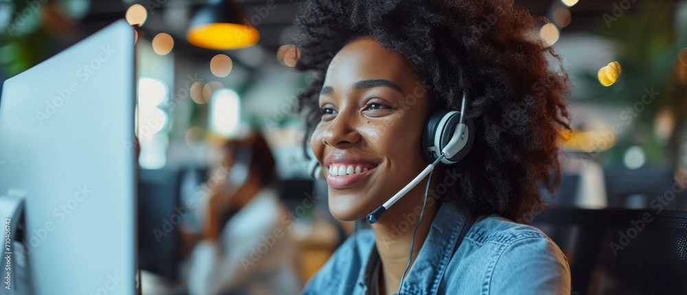Fototapeta premium A portrait of a young woman working as a call center operator and managing tasks within the central customer service hub, wearing headphones and holding a microphone. Generative AI.