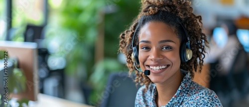 A portrait of a young woman working as a call center operator and managing tasks within the central customer service hub, wearing headphones and holding a microphone. Generative AI. photo