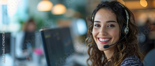 A portrait of a young woman working as a call center operator and managing tasks within the central customer service hub, wearing headphones and holding a microphone. Generative AI. photo