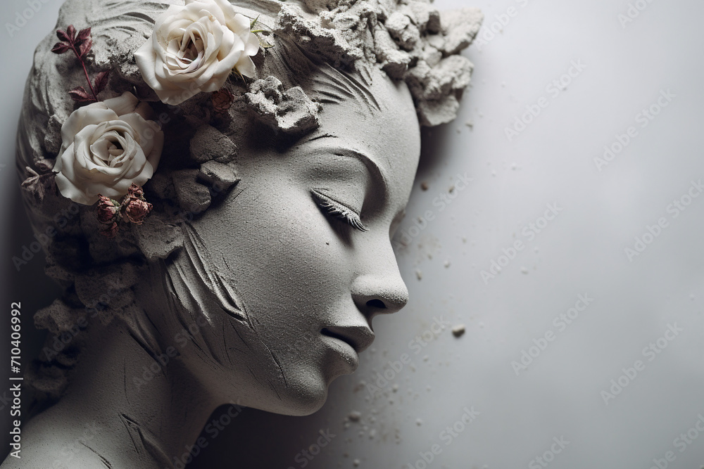 Girl statue made of concrete with flowers on her head. Gray background.