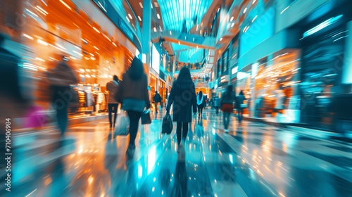 Shopping mall with blurred shoppers and shopping bags. photo