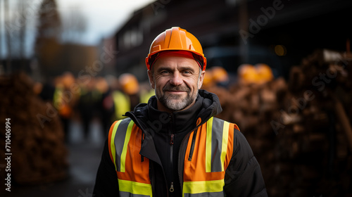 Portrait of a foreman or worker against the backdrop of a construction site. Construction site manager wearing a hard hat and safety vest. A satisfied manager looks at the camera. AI generative © sdmin_d