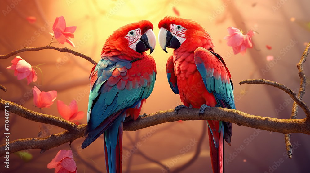 close up horizontal image of two parrots in love cuddling in a romantic scene AI generated