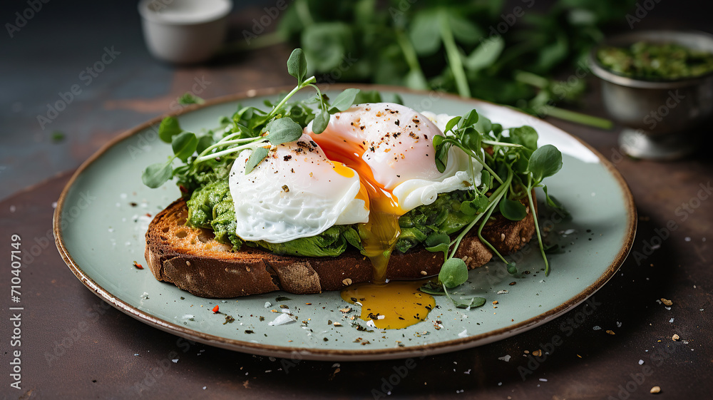 close up horizontal view of a poached egg served on an avocado toast AI generated close up horizontal view of a poached egg served on an avocado toast AI generated