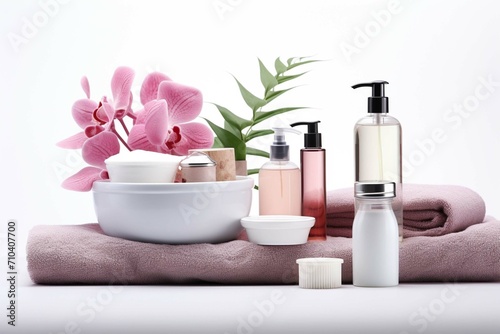  Set of cosmetics for personal hygiene on table isolated on a white background