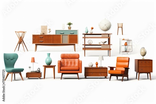 Set of different furniture on white background 