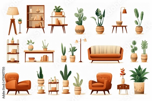  Set of home furniture, interior decor, and house plants for living room