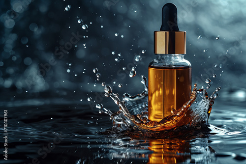 
Low key , dark colors, luxury product photography. cosmetic product oil or essence in a bottle with a dropper, with serum splash .Concept of beauty, skin, hair or body care photo