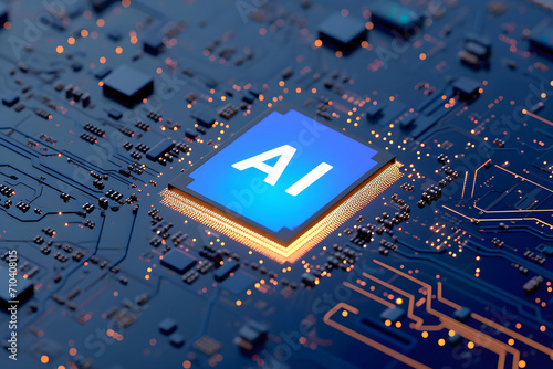 AI-Mikrochip: Fortschrittliche Technologie mit einem KI-Mikrochip auf einem Motherboard, Konzept für künstliche Intelligenz und technologischen Fortschritt.
