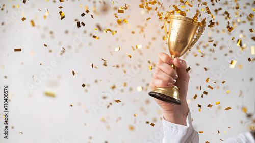 Dynamic image capturing the moment of triumph, with a hand raising a golden trophy amidst a shower of confetti, symbolizing victory and success with copy space.