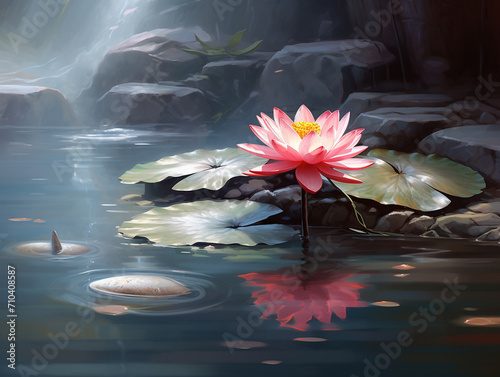 Lotus flowers in light, in the style of light red and dark cyan