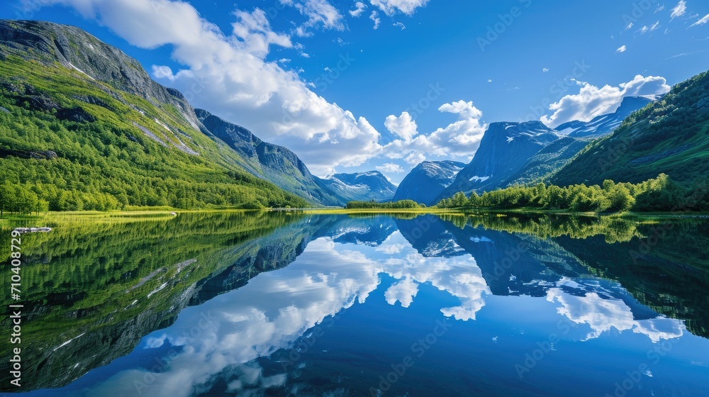Picturesque reflection of the mountain landscape in the lake