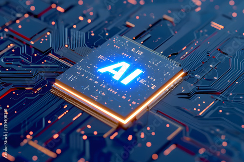 AI-Mikrochip: Fortschrittliche Technologie mit einem KI-Mikrochip auf einem Motherboard, Konzept für künstliche Intelligenz und technologischen Fortschritt. photo