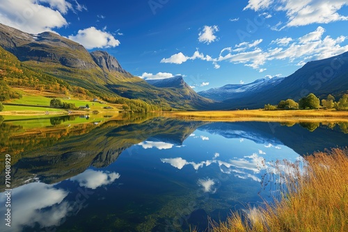 Picturesque reflection of the mountain landscape in the lake