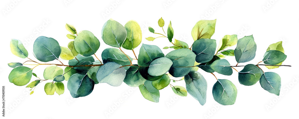 Watercolor of green and yellow eucalyptus leaves, detailed and realistic, isolated on transparent or white background