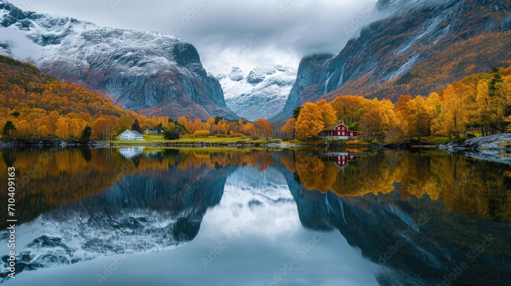 Obraz premium Picturesque reflection of the mountain landscape in the lake