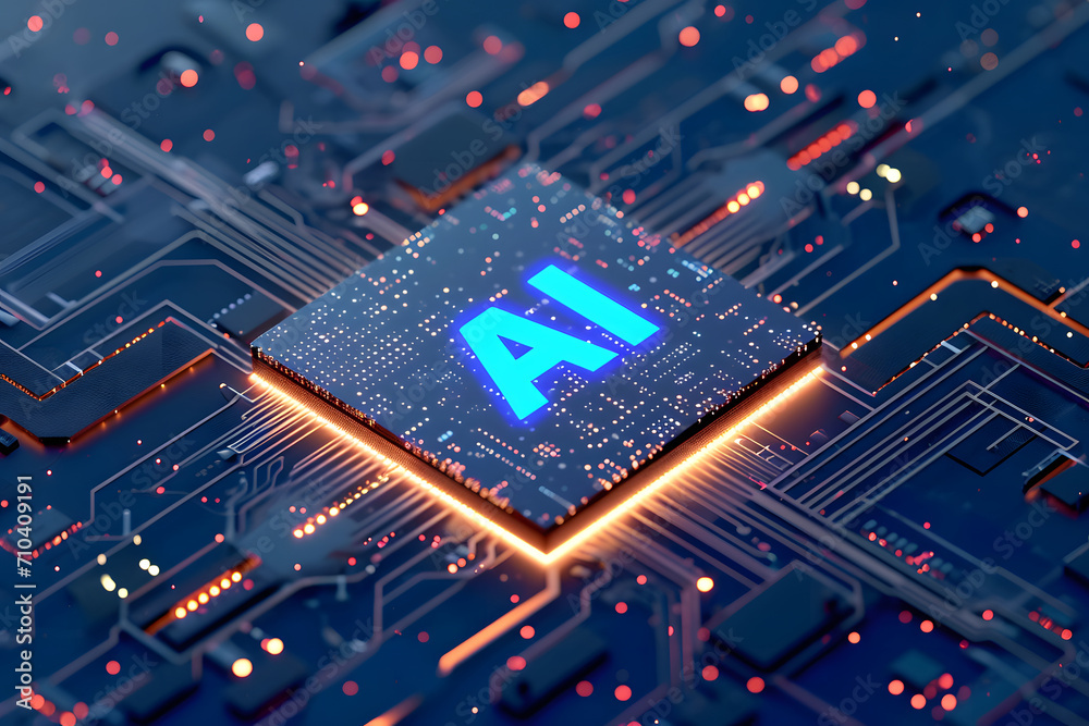 AI-Mikrochip: Fortschrittliche Technologie mit einem KI-Mikrochip auf einem Motherboard, Konzept für künstliche Intelligenz und technologischen Fortschritt.
