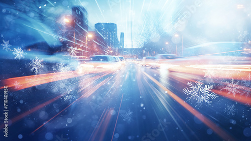 winter christmas background road in blur tracks from headlights and abstract snowflake shapes, copy space city street, highway in december illustration © kichigin19