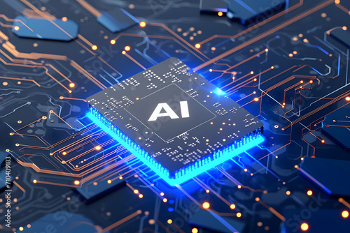Obraz na płótnie AI-Mikrochip: Fortschrittliche Technologie mit einem KI-Mikrochip auf einem Motherboard, Konzept für künstliche Intelligenz und technologischen Fortschritt. w salonie