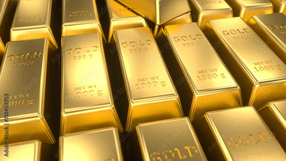 Panorama of gold bars stacked in a stack, 3D animation Panorama of gold bars stacked in a stack, 3D animation
