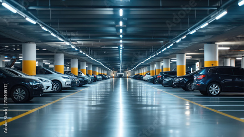 modern underground parking with many cars