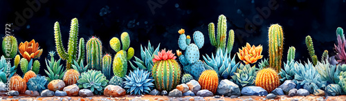 Watercolor Isolate cactus plants grow on rocks, dark blue background