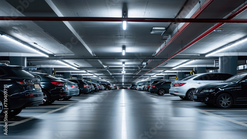modern underground parking with many cars