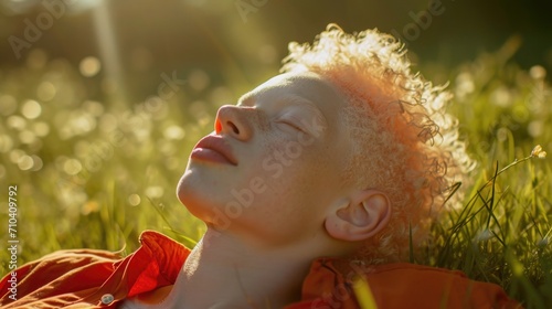 Portrait of a Teenager with Albinism, portraying uniqueness and beauty, surrounded by a warm, sunny outdoor environment