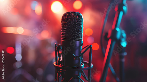studio microphone on a stand on a dark background with blurry lights in the background close-up