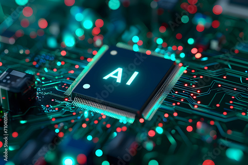 AI-Mikrochip: Fortschrittliche Technologie mit einem KI-Mikrochip auf einem Motherboard, Konzept für künstliche Intelligenz und technologischen Fortschritt. photo