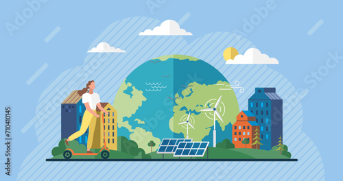 Clean city vector illustration. It encourages green building designs, promotes sustainable transportation options, and advocates for responsible consumption and production By creating supportive