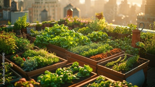 Smart Urban Farming, vibrant rooftop gardens in city environment, soft morning light highlighting greenery photo