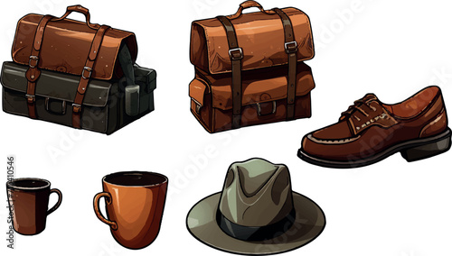 collection of boots, hat, cup