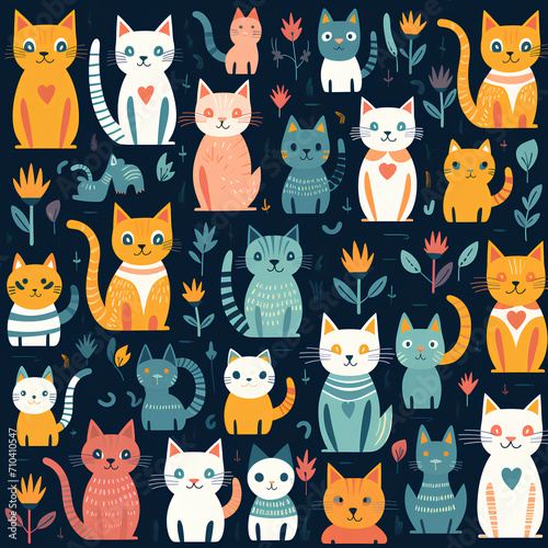 Create a pattern featuring adorable, stylized animals like bunnies, and kittens in playful poses, PNG, 300 DPI