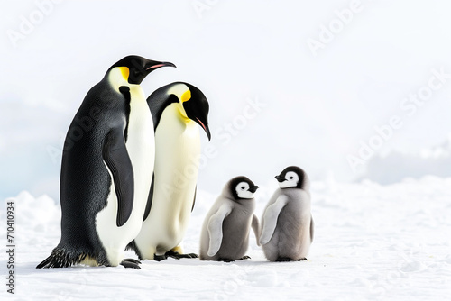 Emperor penguin family with chicks on snow  pure white background and sunlight