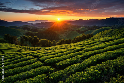 a landscape shot of a tea field at sunset.