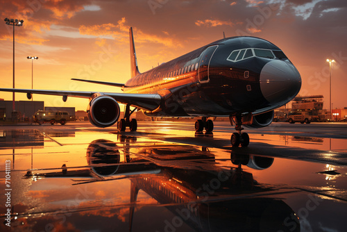 Commercial airplane in an airport at sunset. 
