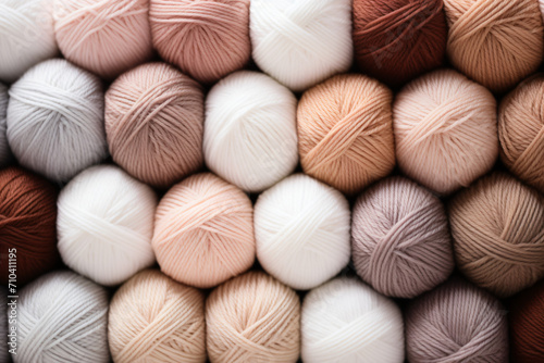 Close up of crocheted yarn and balls of yarn, in the style of soft, muted palette, soft tonal range, 20th century scandinavian style, soft variations of color, stylish, contrasting, soft-edged