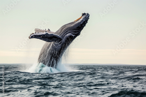 large humpback whale jumps out of the water