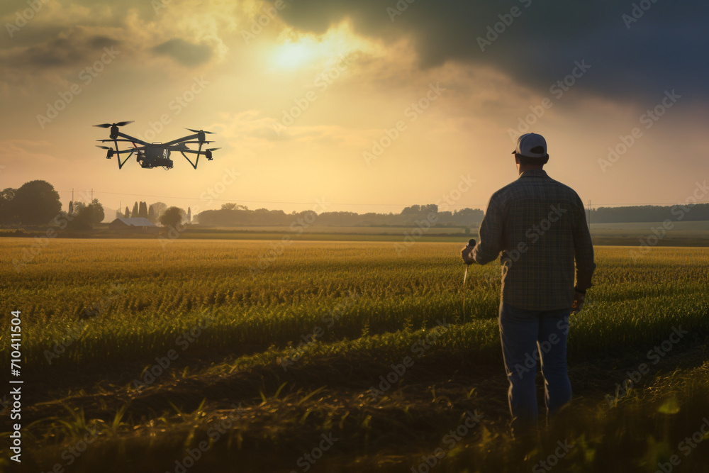 The man in this picture is preparing the landing of a drone for the flight at sunset, in the style of photo-realistic landscapes, zeiss ikon zm, environmental portraiture, farm security administration The man in this picture is preparing the landing of a drone for the flight at sunset, in the style of photo-realistic landscapes, zeiss ikon zm, environmental portraiture, farm security administration