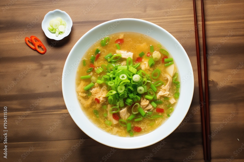 top view of hot and sour soup with green onions sprinkled top view of hot and sour soup with green onions sprinkled