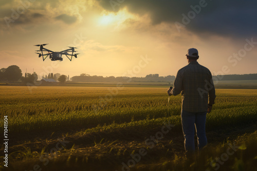 The man in this picture is preparing the landing of a drone for the flight at sunset, in the style of photo-realistic landscapes, zeiss ikon zm, environmental portraiture, farm security administration